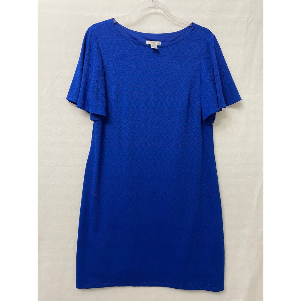 London Times Eyelet Lace Dress size 12 Royal Blue Flutter Sleeve Shift Cocktail